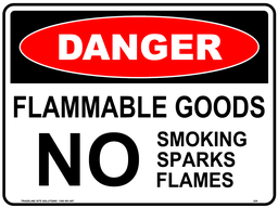 [SIGN229C] Safety Sign 600 x 450mm Coreflute - DANGER Flammable Goods, No Smoking, Sparkes, Flames